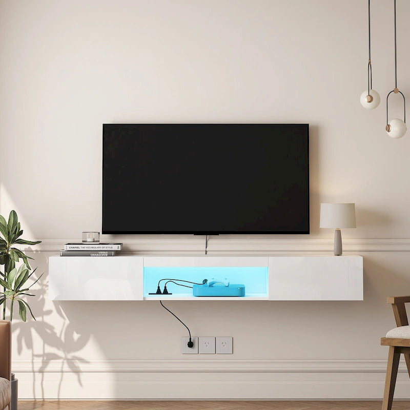 Mueble de TV flotante blanco de 63 pulgadas con almacenamiento, luces LED y toma de corriente para televisores de hasta 60 pulgadas