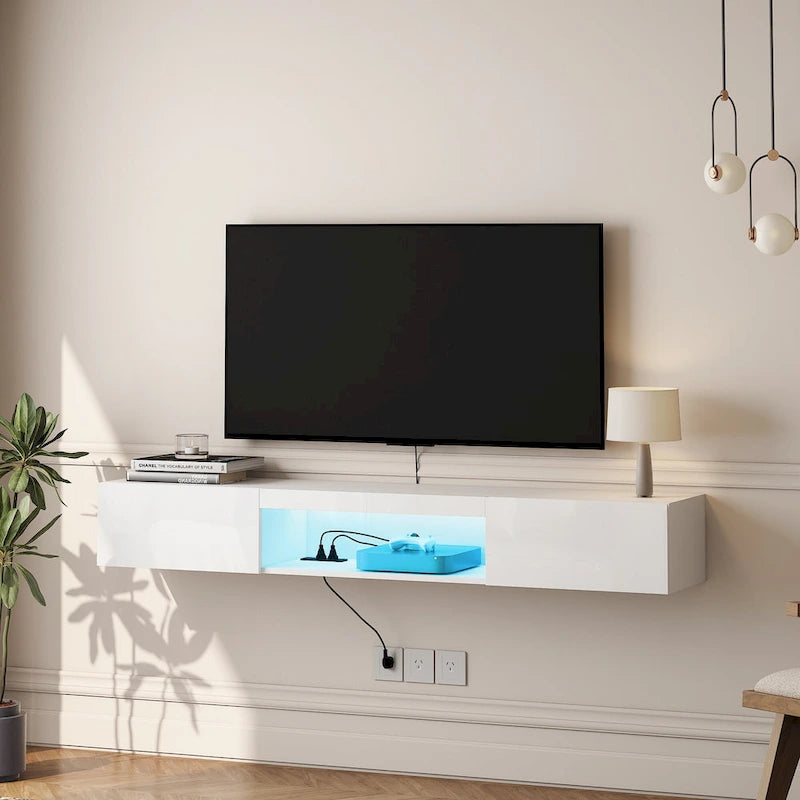 Mueble de TV flotante blanco de 63 pulgadas con almacenamiento, luces LED y toma de corriente para televisores de hasta 60 pulgadas