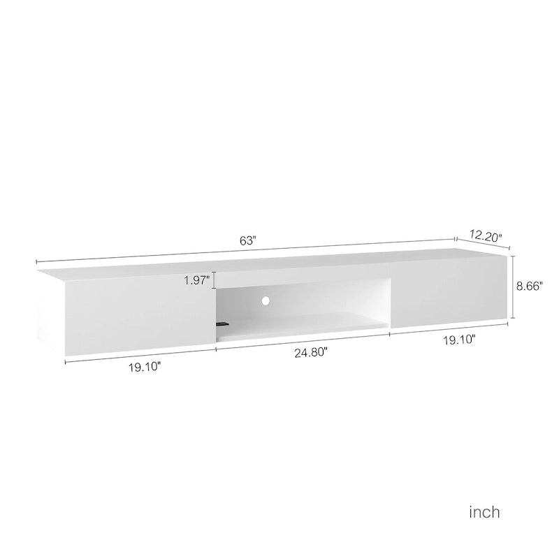 Mueble de TV flotante blanco de 63 pulgadas con almacenamiento, luces LED y toma de corriente para televisores de hasta 60 pulgadas