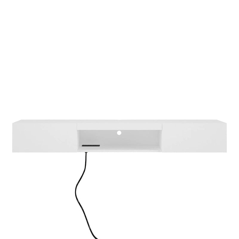 Mueble de TV flotante blanco de 63 pulgadas con almacenamiento, luces LED y toma de corriente para televisores de hasta 60 pulgadas