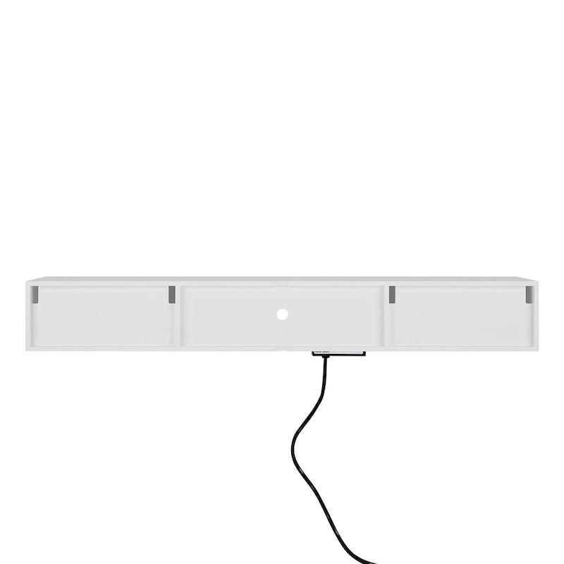 Mueble de TV flotante blanco de 63 pulgadas con almacenamiento, luces LED y toma de corriente para televisores de hasta 60 pulgadas