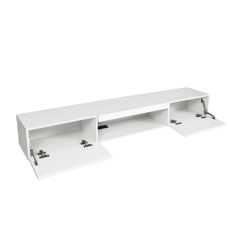 Mueble de TV flotante blanco de 63 pulgadas con almacenamiento, luces LED y toma de corriente para televisores de hasta 60 pulgadas