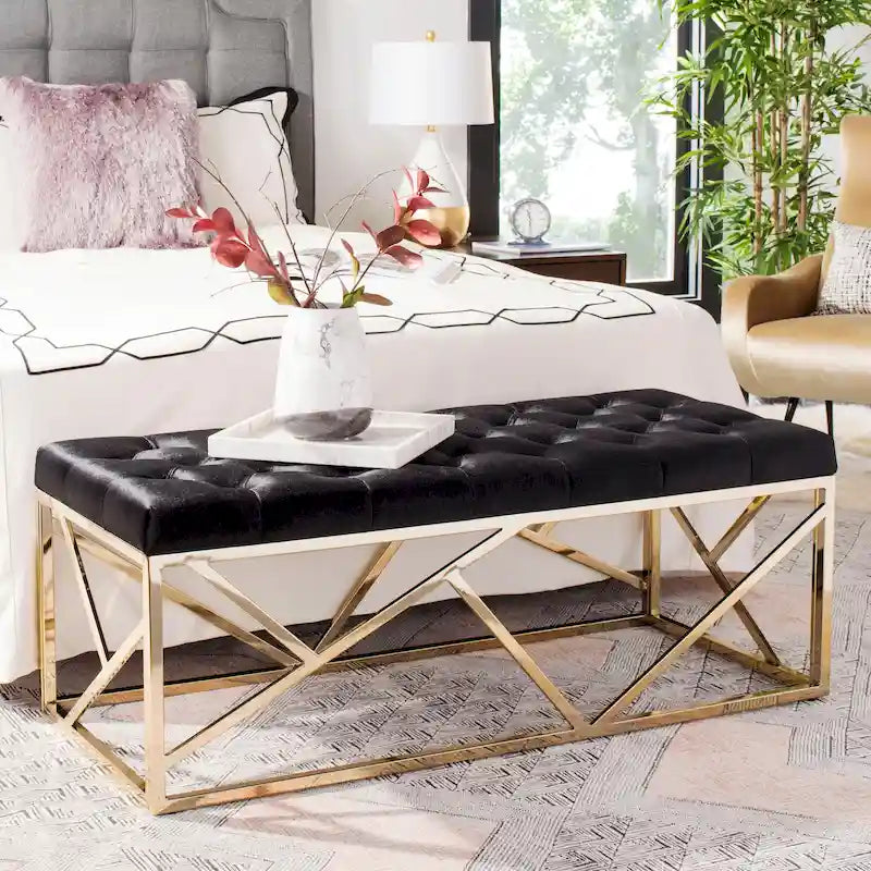 Banco rectangular tapizado de terciopelo negro/dorado, 1 persona