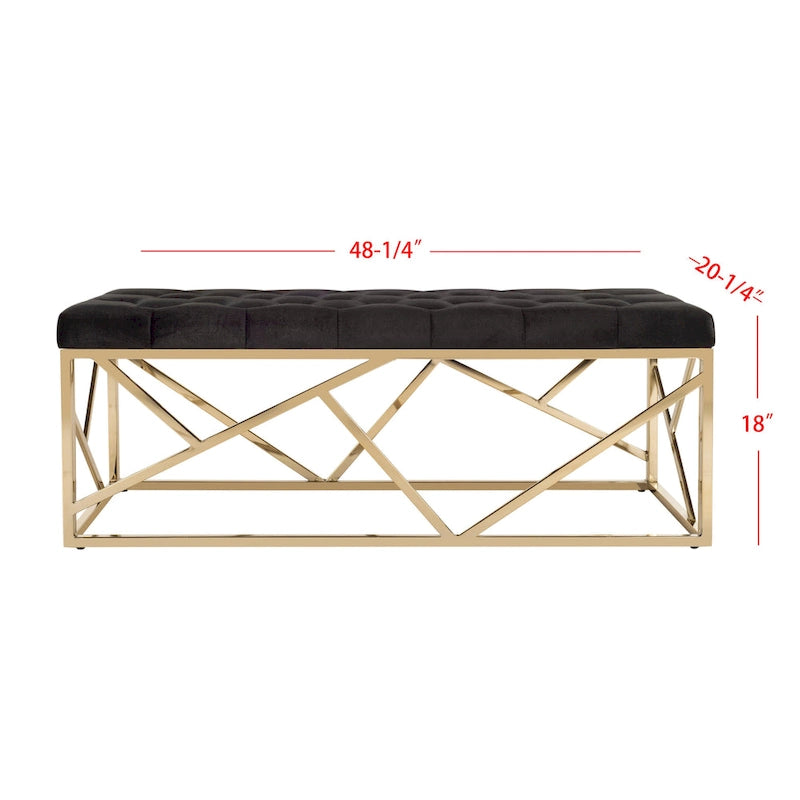 Banco rectangular tapizado de terciopelo negro/dorado, 1 persona