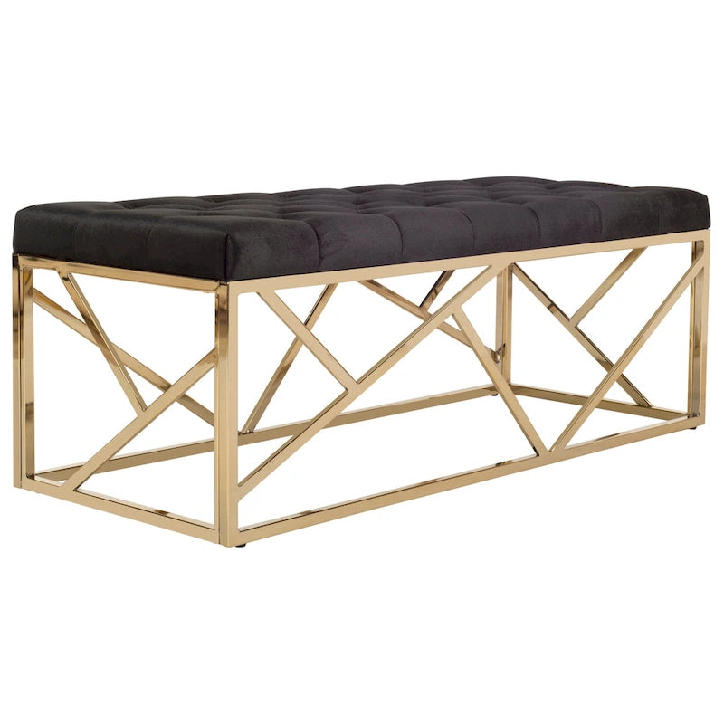 Banco rectangular tapizado de terciopelo negro/dorado, 1 persona