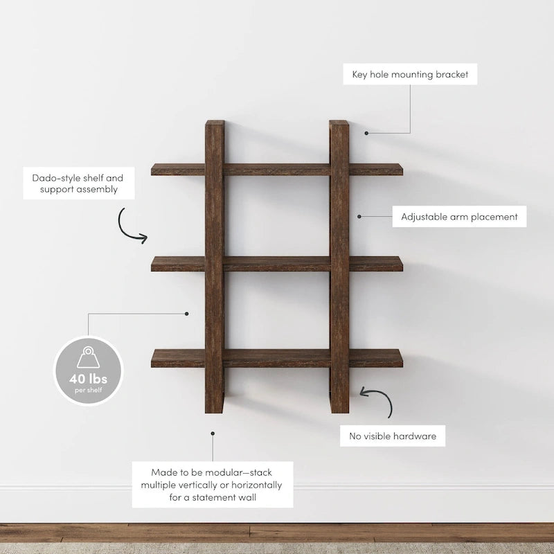 Estanterías Flotantes de Pared para Libros, Estante Expositor de 3 Niveles, Estantería Modular Decorativa de Madera Maciza
