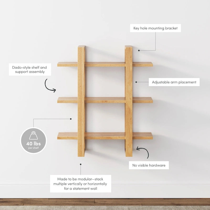 Estanterías Flotantes de Pared para Libros, Estante Expositor de 3 Niveles, Estantería Modular Decorativa de Madera Maciza