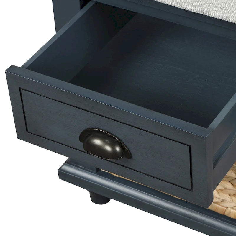 Blanco Lavado / Espresso / Azul Marino Antiguo / Blanco – Banco de Almacenamiento de Ratán de 3 Cajones, Asiento Individual