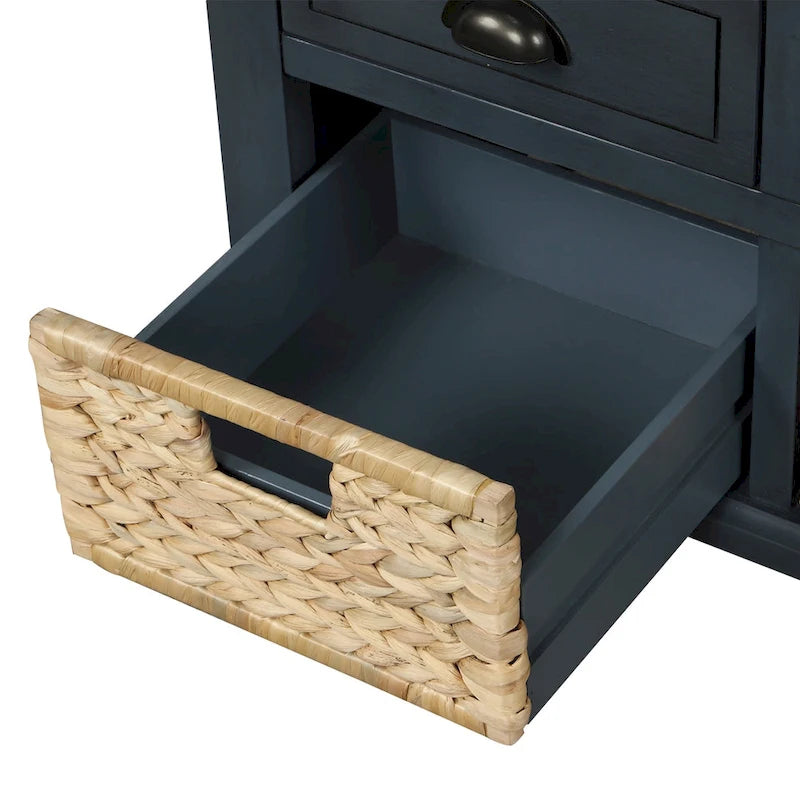 Blanco Lavado / Espresso / Azul Marino Antiguo / Blanco – Banco de Almacenamiento de Ratán de 3 Cajones, Asiento Individual