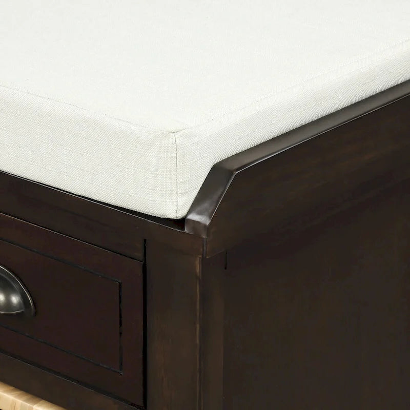 Blanco Lavado / Espresso / Azul Marino Antiguo / Blanco – Banco de Almacenamiento de Ratán de 3 Cajones, Asiento Individual
