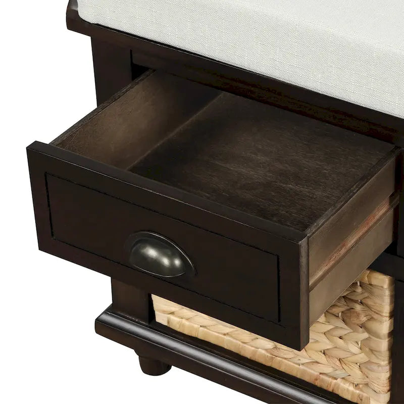 Blanco Lavado / Espresso / Azul Marino Antiguo / Blanco – Banco de Almacenamiento de Ratán de 3 Cajones, Asiento Individual
