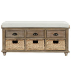 Blanco Lavado / Espresso / Azul Marino Antiguo / Blanco – Banco de Almacenamiento de Ratán de 3 Cajones, Asiento Individual