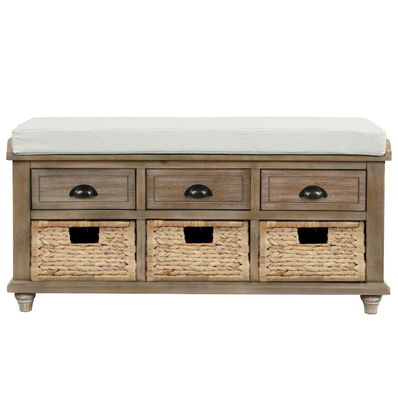 Blanco Lavado / Espresso / Azul Marino Antiguo / Blanco – Banco de Almacenamiento de Ratán de 3 Cajones, Asiento Individual