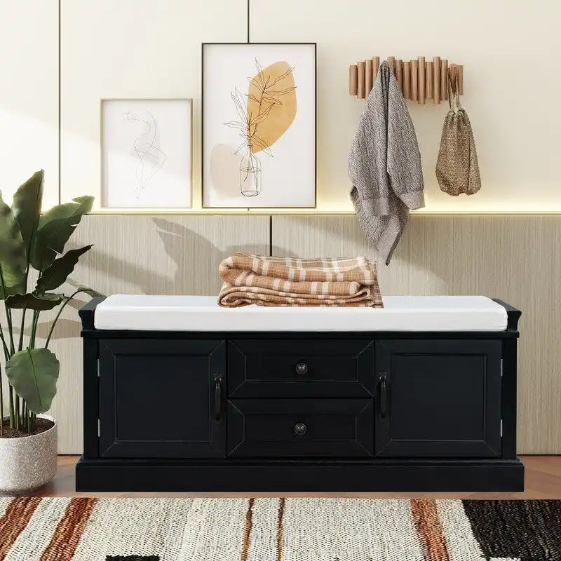 Banco de almacenamiento con 2 cajones y 2 cojines, para 2 personas - Negro / Espresso / Azul marino / Blanco / Gris