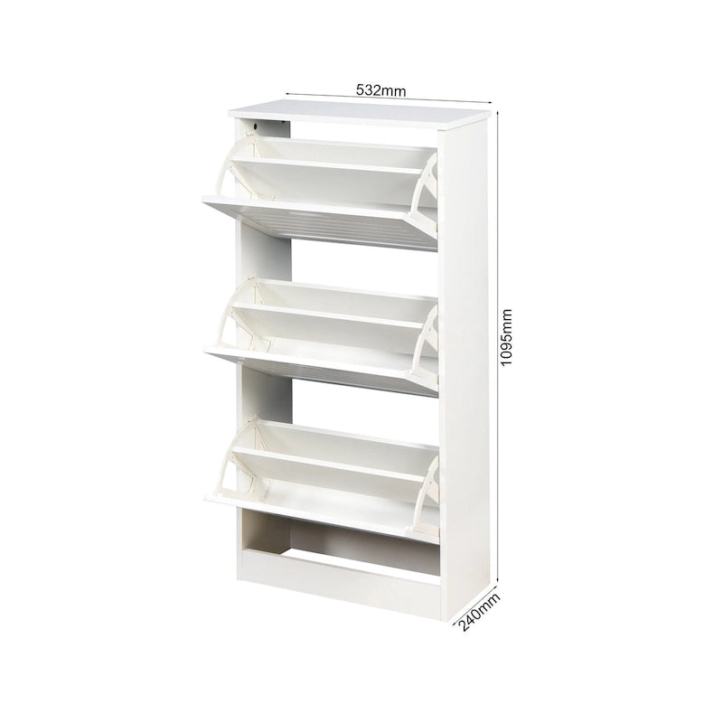 Zapatero blanco con puertas abatibles, 3 niveles, para 1-2 personas