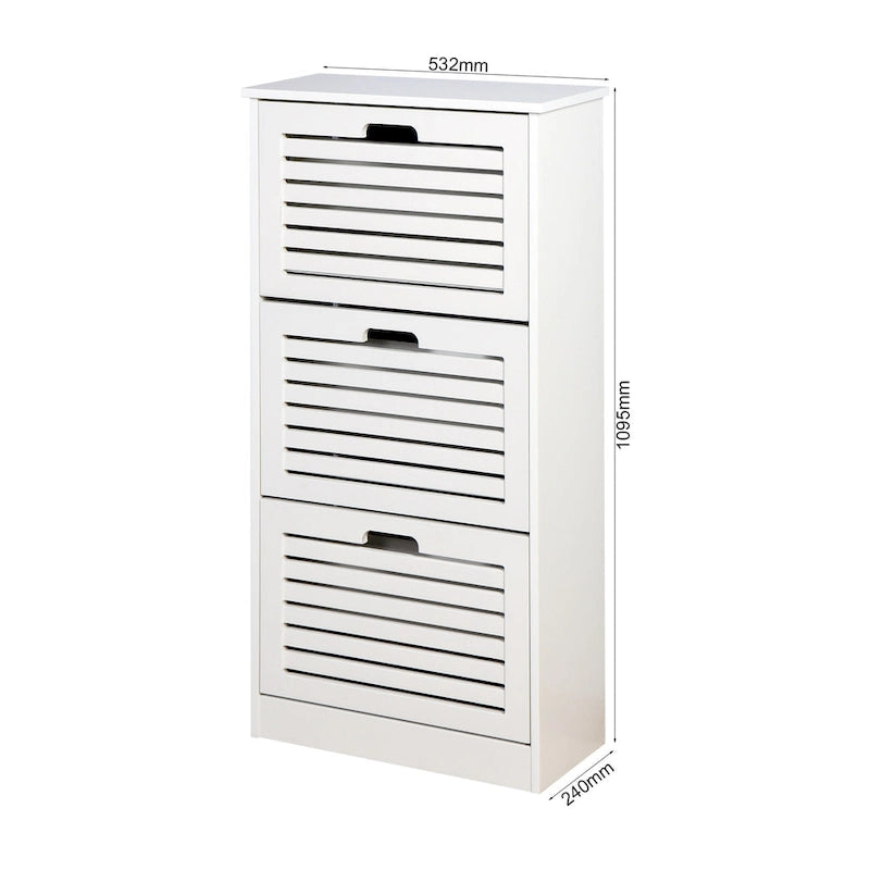Zapatero blanco con puertas abatibles, 3 niveles, para 1-2 personas