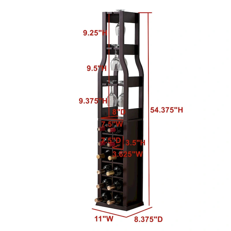 Botellero de madera de cerezo – 12 botellas y 4 soportes para copas, de pie, montaje para 1 persona