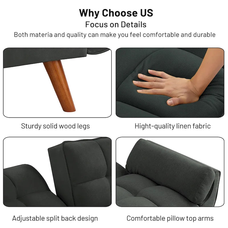 Sofá cama futón de 75.39 pulgadas, sofá cama tapizado convertible con respaldo reclinable dividido y capitoné