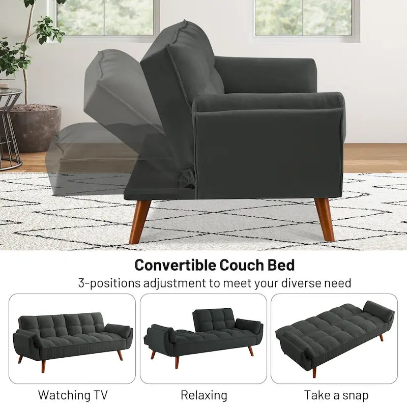 Sofá cama futón de 75.39 pulgadas, sofá cama tapizado convertible con respaldo reclinable dividido y capitoné