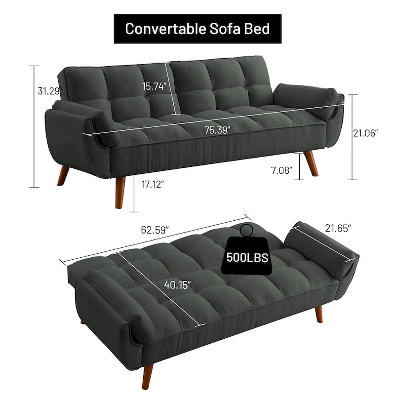 Sofá cama futón de 75.39 pulgadas, sofá cama tapizado convertible con respaldo reclinable dividido y capitoné