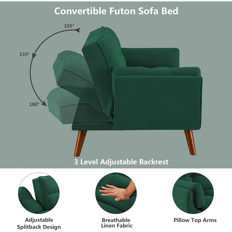 Sofá cama futón de 75.39 pulgadas, sofá cama tapizado convertible con respaldo reclinable dividido y capitoné