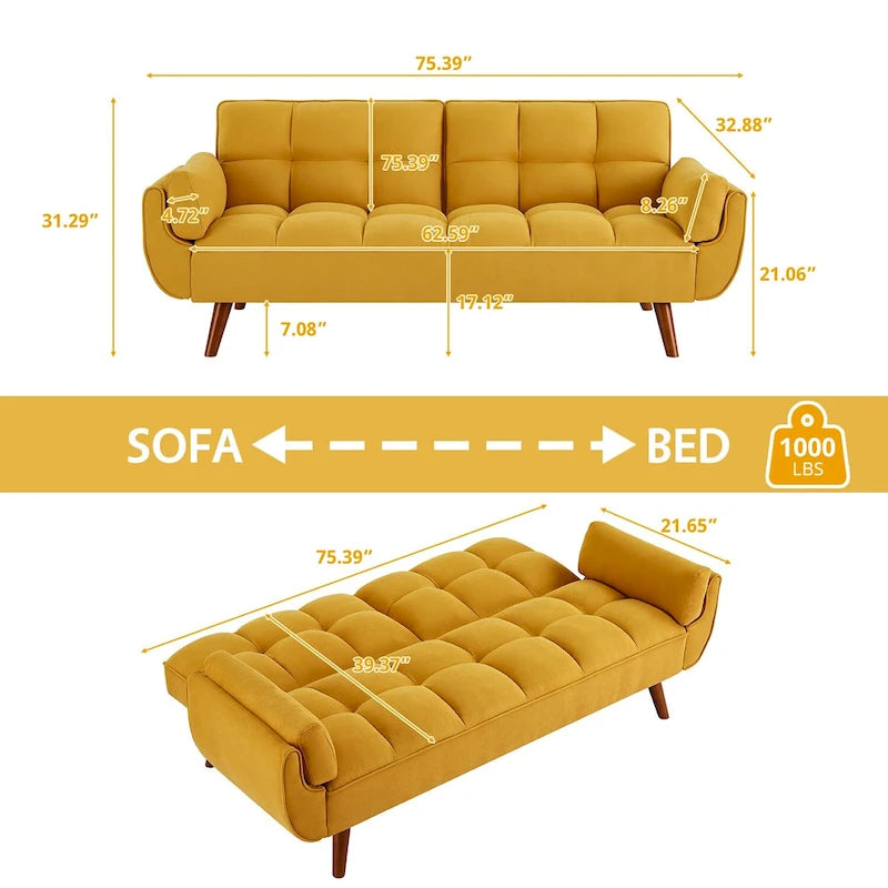 Sofá cama futón de 75.39 pulgadas, sofá cama tapizado convertible con respaldo reclinable dividido y capitoné