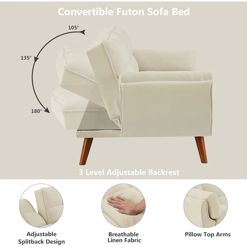 Sofá cama futón de 75.39 pulgadas, sofá cama tapizado convertible con respaldo reclinable dividido y capitoné
