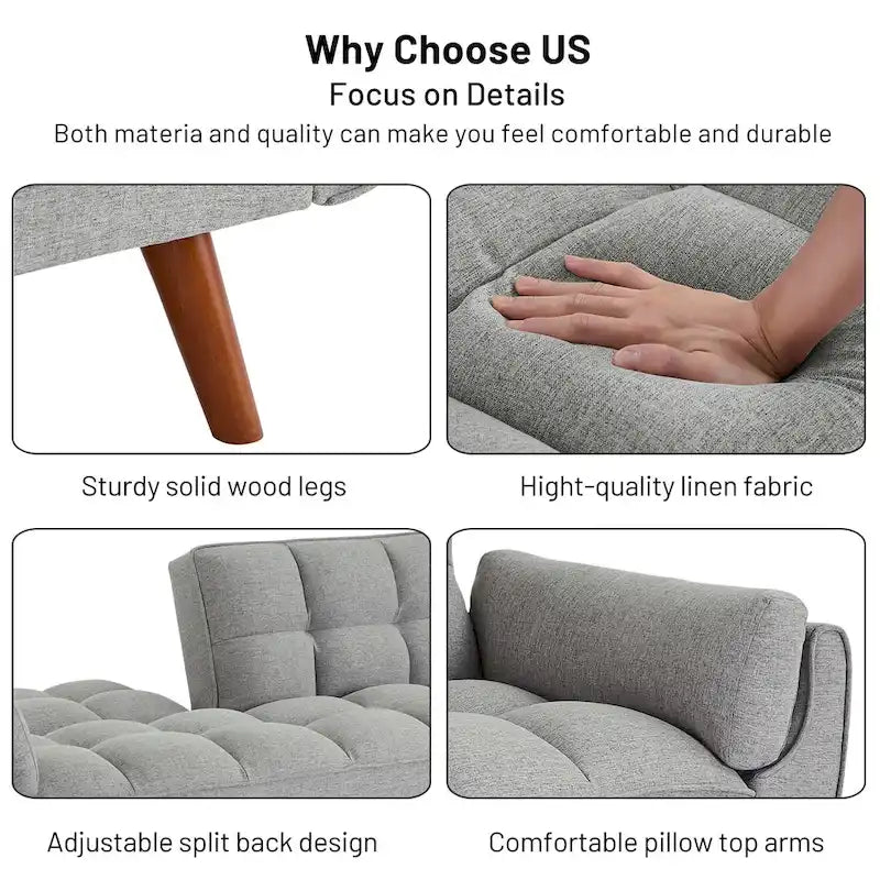 Sofá cama futón de 75.39 pulgadas, sofá cama tapizado convertible con respaldo reclinable dividido y capitoné