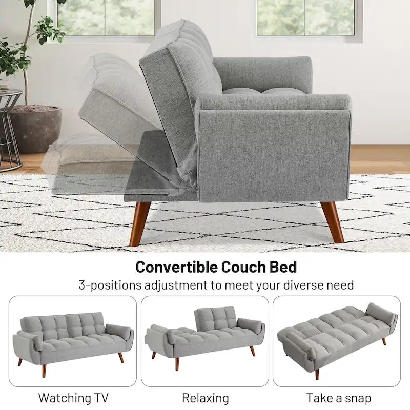 Sofá cama futón de 75.39 pulgadas, sofá cama tapizado convertible con respaldo reclinable dividido y capitoné