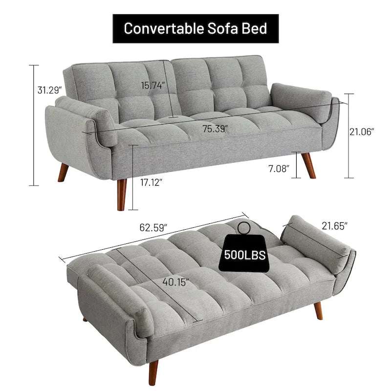 Sofá cama futón de 75.39 pulgadas, sofá cama tapizado convertible con respaldo reclinable dividido y capitoné