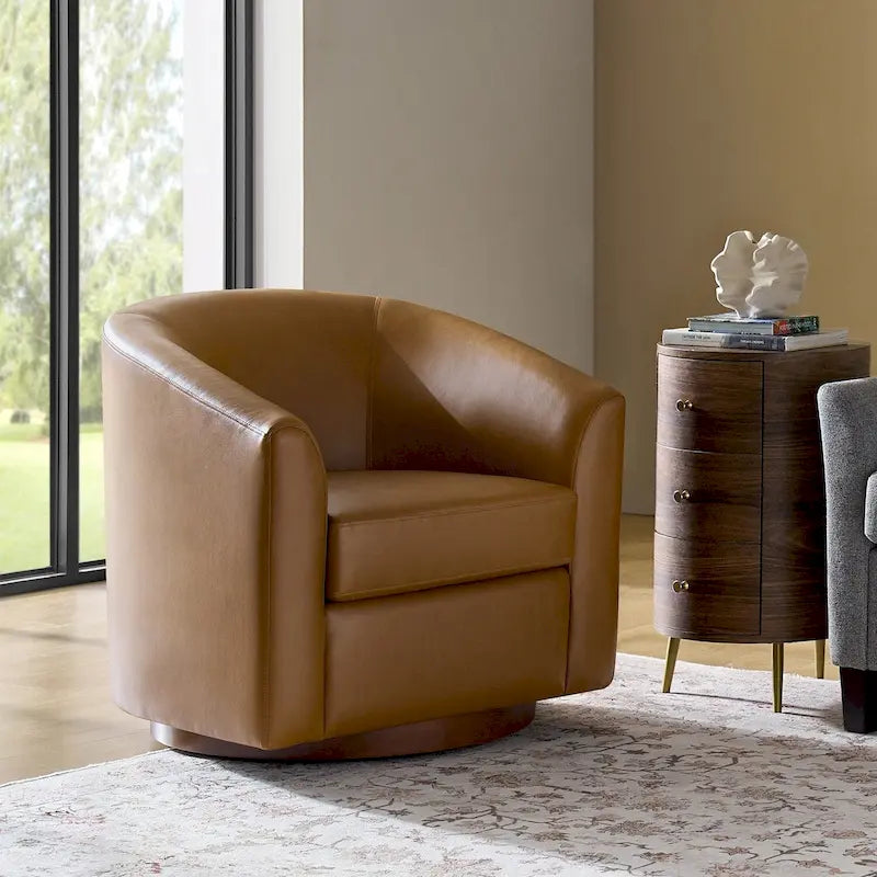 Sillón giratorio moderno de piel sintética con base de madera maciza