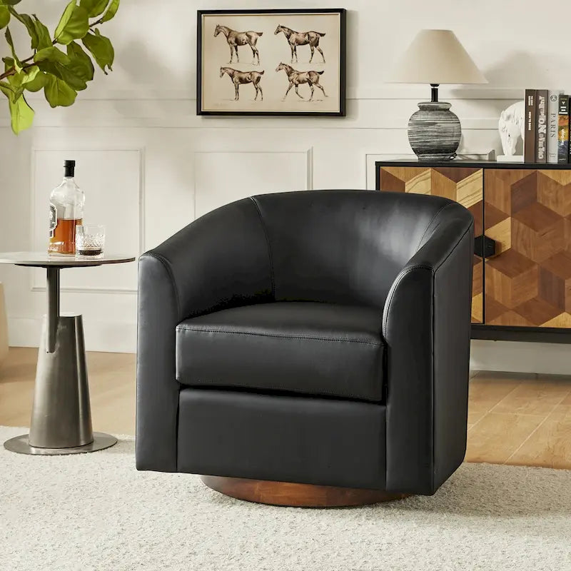 Sillón giratorio moderno de piel sintética con base de madera maciza