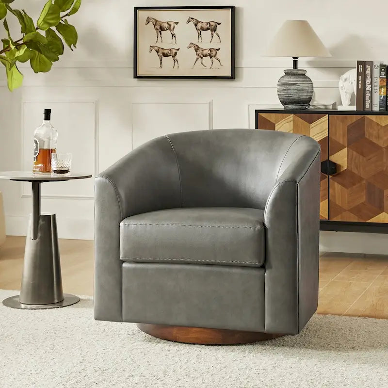 Sillón giratorio moderno de piel sintética con base de madera maciza