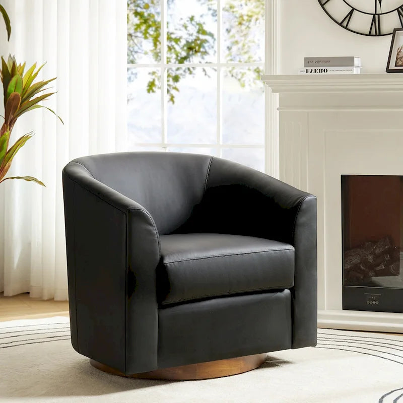 Sillón giratorio moderno de piel sintética con base de madera maciza