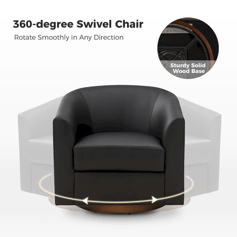 Sillón giratorio moderno de piel sintética con base de madera maciza