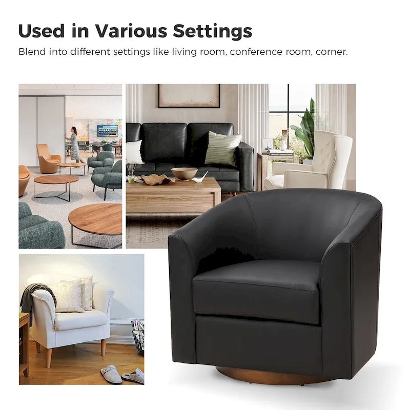 Sillón giratorio moderno de piel sintética con base de madera maciza