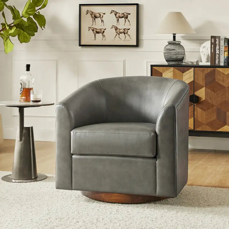 Sillón giratorio moderno de piel sintética con base de madera maciza