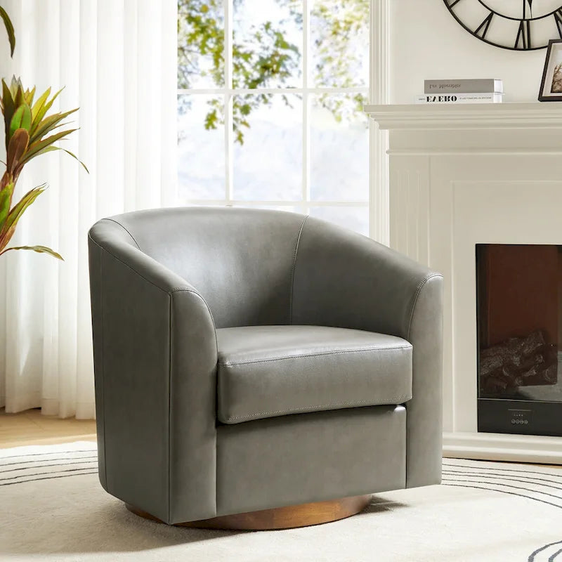 Sillón giratorio moderno de piel sintética con base de madera maciza