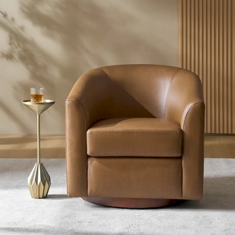 Sillón giratorio moderno de piel sintética con base de madera maciza
