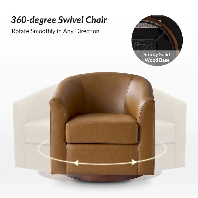 Sillón giratorio moderno de piel sintética con base de madera maciza