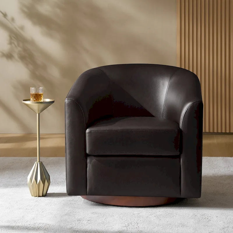 Sillón giratorio moderno de piel sintética con base de madera maciza