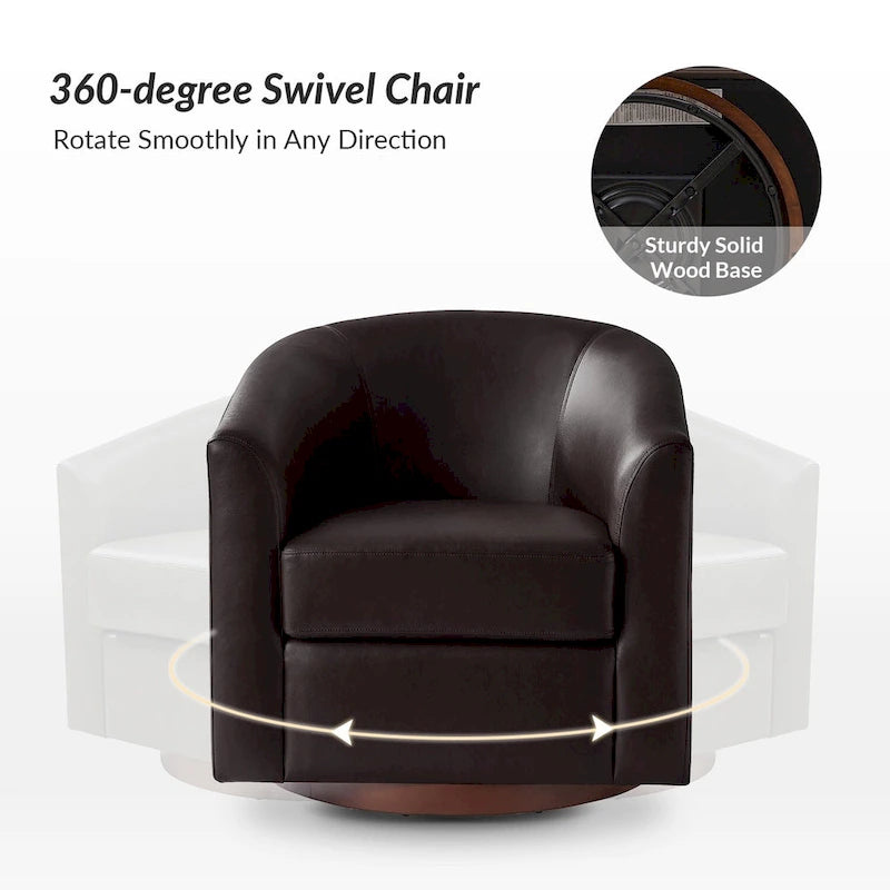 Sillón giratorio moderno de piel sintética con base de madera maciza