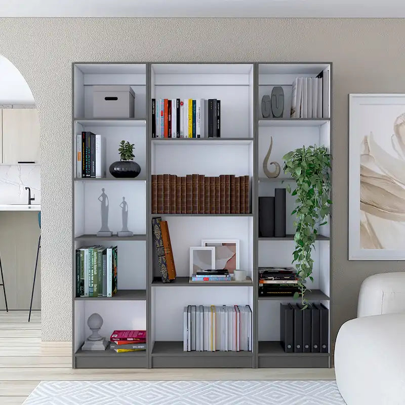 Juego de 3 libreros modulares de 4 estantes, blanco/multicolor/negro, montaje entre 3 personas