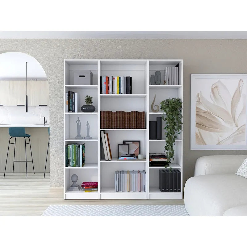 Juego de 3 libreros modulares de 4 estantes, blanco/multicolor/negro, montaje entre 3 personas