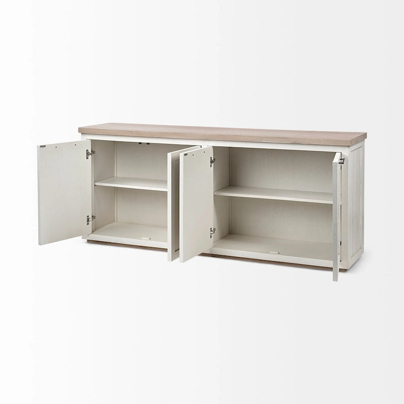 Madera maciza color marrón claro y blanco con aparador de 4 puertas de gabinete - 73W x 17D x 32H
