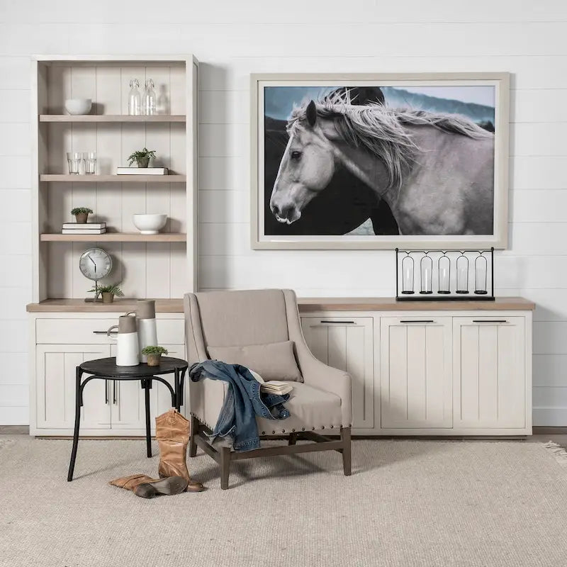 Madera maciza color marrón claro y blanco con aparador de 4 puertas de gabinete - 73W x 17D x 32H