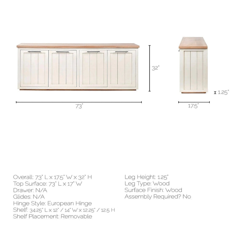 Madera maciza color marrón claro y blanco con aparador de 4 puertas de gabinete - 73W x 17D x 32H
