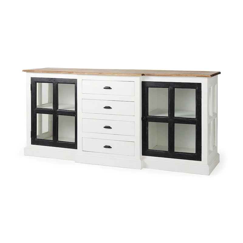 Aparador blanco y negro con tablero de madera marrón – 2 armarios de cristal y 4 cajones