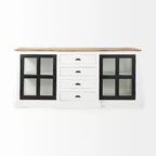 Aparador blanco y negro con tablero de madera marrón – 2 armarios de cristal y 4 cajones