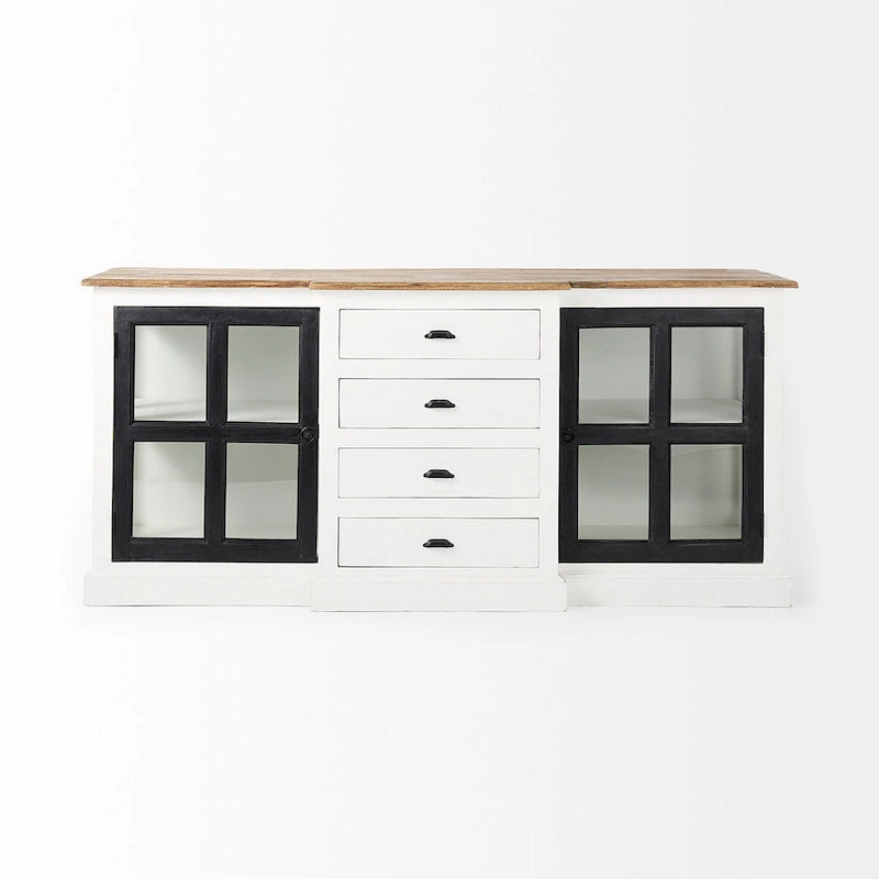 Aparador blanco y negro con tablero de madera marrón – 2 armarios de cristal y 4 cajones